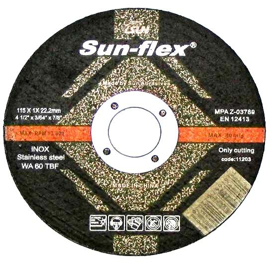 SUN-FLEX REINFORCED GRINDING & CUTTING DISCS INOX DEPRESSED CENTRE GRINDING SF2510 100x6x16 INOX D/C 25 SF2511 115x6x22