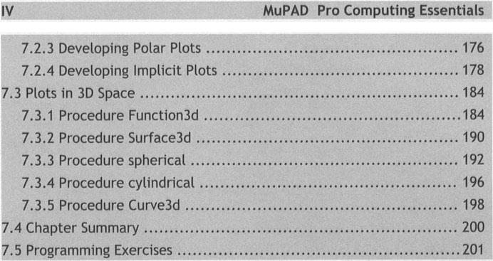 IV MuPAD Pro Computing Essentials 7.2.3 Developing Polar Plots... 176 7.2.4 Developing Implicit Plots... 178 7.3 Plots in 3D Space... 184 7.3.1 Procedure Function3d... 184 7.3.2 Procedure Surface3d.
