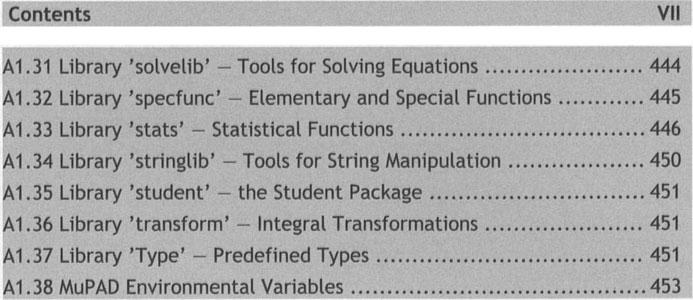 Contents VII A1.31 Library 'solvelib' - Tools for Solving Equations... 444 A1.32 Library 'specfunc' - Elementary and Special Functions... 445 1.33 Library 'stats' - Statistical Functions... 446 A1.