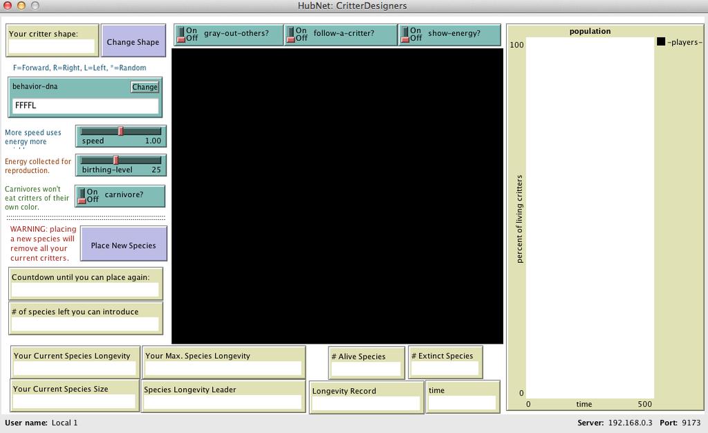 Move the HubNet: CritterDesigners window to one side of the screen and NetLogo CritterDesigners window to the other side (shown below).