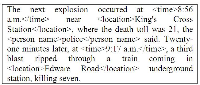 For example consider the following sentence taken from the document D08021D:NYT_ENG_20050707 related to Attacks category. Figure 2a denotes sample sentence and Fig. 2b denotes sentence with aspects.