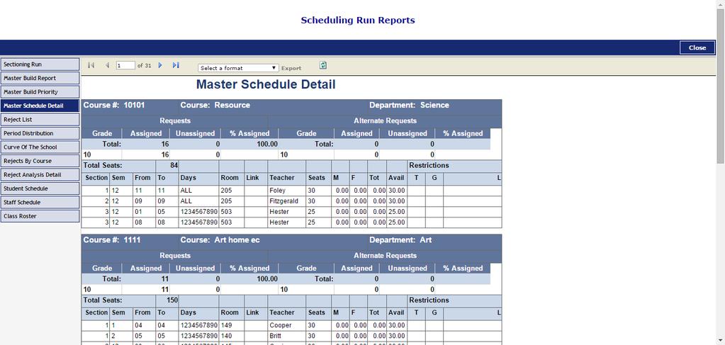 Master Schedule Detail Report The Master Schedule Detail report shows the number of course requests that were fulfilled for each class in the master
