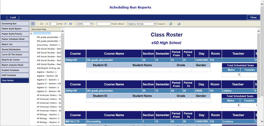 Class Roster Report The Class Roster report provides a list of all section rosters based upon the selected scheduling run.