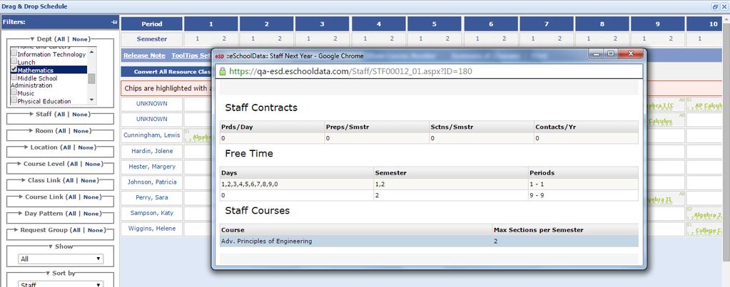 View additional class information by scrolling over a chip. Users can click on a staff name to launch the Staff Contracts, Free Time, and Staff Courses information.