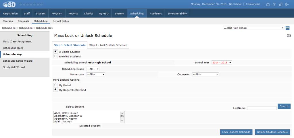Schedule Key The Schedule Key tool allows users to lock/unlock loaded student schedules. Locked student schedule(s) cannot be overwritten by changes made in future scheduling runs.