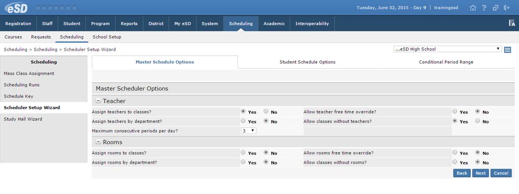 Scheduler Setup Wizard The Scheduler Setup Wizard allows users to customize the settings used by the eschooldata Builder and Sectioner.