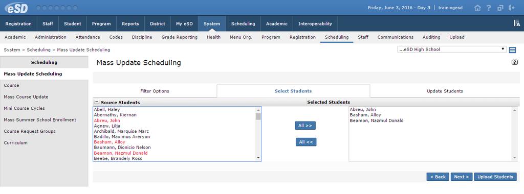 From the Select Students tab, click a student name in the Source Students list to move them to the Selected Students list.