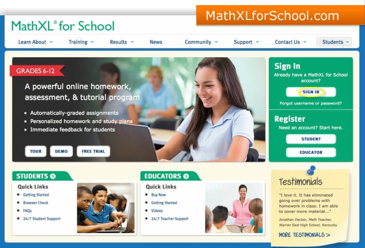 2 Logging in To access MathXL for School, go to MathXLforSchool.com. On the home page, click the SIGN IN button and enter your username and password.