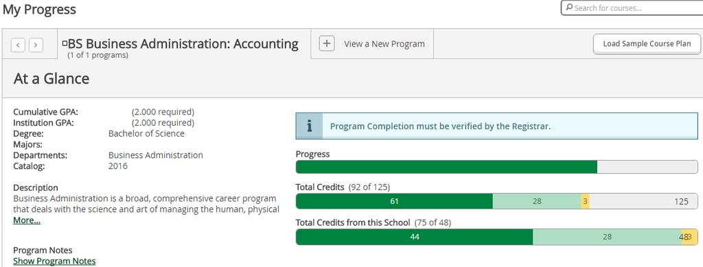 5) Access the My Progress tab to display your Program Evaluation. This should be used to chart your progress toward degree completion.
