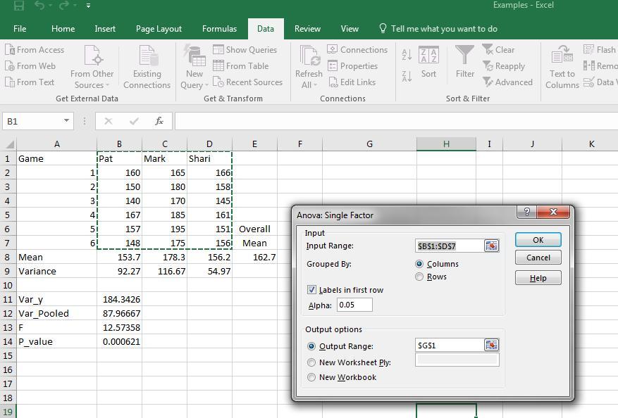 EXCEL DATA ANALYSIS Choose ANOVA: single-factor under Data Analysis on the Data tab in the ribbon Fill in the dialog box Input Range is the data you wish to analyze The Labels box is a nice