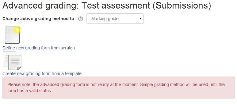 To set up an assignment with a Marking Guide, create the assignment as usual, ensuring that in the Adding a new assignment page, in the Grading method field, you select Marking guide
