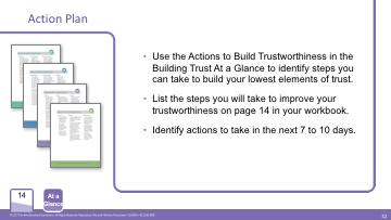 Activity 7 Building Trust Self Survey Scoring Building Trust At a Glance Activity Time: 25 minutes Slide Time: 9 minutes PW Page: 14 Start/Stop Time: Slide: 32 My Building Trust Action Plan 1.