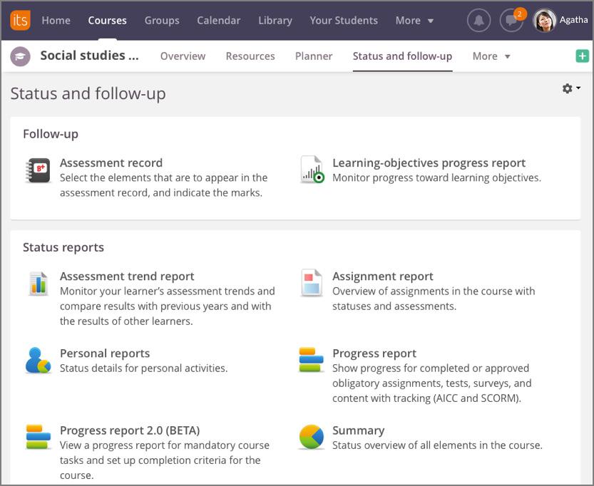 Teacher Perspective Continued: Course Analytics Under the Status and Follow-Up tab, Agatha