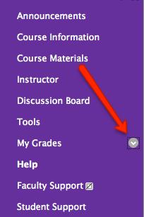 1. From the course menu, click on the arrow that appears when you are hovering over content area, in this case, My Grades. 2. Choose Hide Link or Delete.