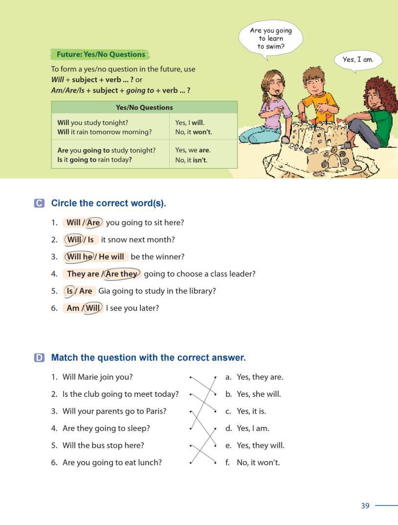 35 Grammar Galaxy Grammar Point 2 Future: Yes/No Questions Have students look at the explanations and chart on page 39.