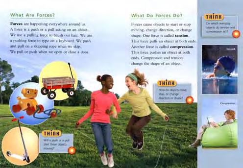 Focus: Students explore what forces are and what they do. Text describes to students that tension pulls or stretches objects and that compression squeezes or pushes an object.