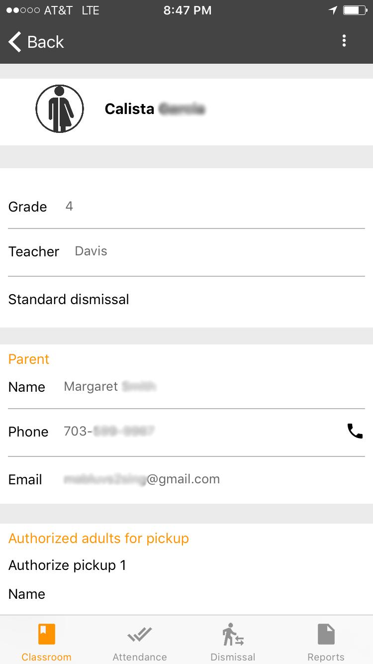 Accessing Student Info To view contact information for a specific student simply press on the student s name from the Classroom screen.