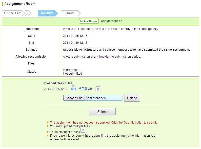 5 Assignments (5-2 File-based assignments) File-based assignments 1. In Assignments page, select an assignment you would like to answer. 2.