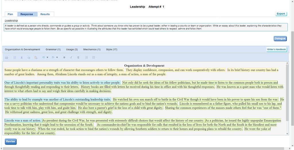 View specific trait feedback for an essay Click on each of the five categories to view specific feedback on the essay.