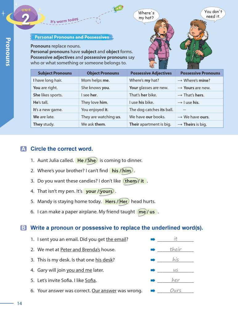 5 Grammar Galaxy Unit 2 Pronouns Objectives: 1. Personal Pronouns and Possessives 2. Empty It Warm Up Greet your students. Hand small squares of paper out to students.