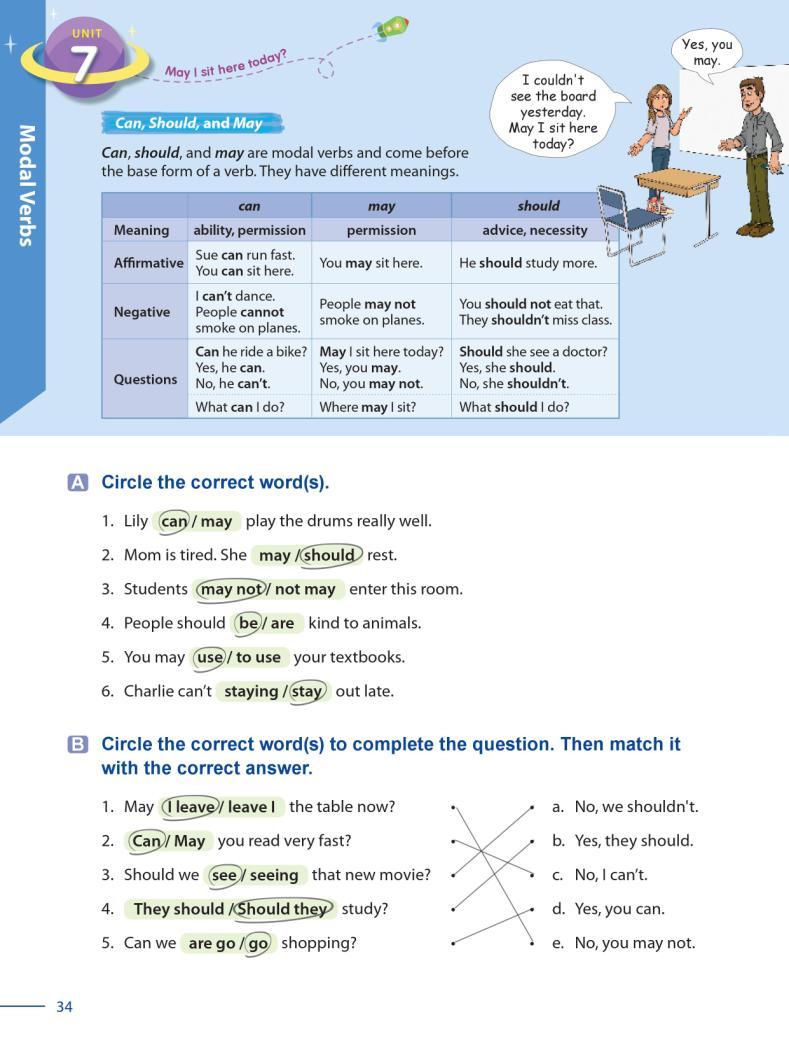 25 Grammar Galaxy Unit 7 Modal Verbs Objectives: 1. Can, Should, and May 2. Must and Have to Warm Up Greet your students. Ask students to talk about their plans for an upcoming holiday.