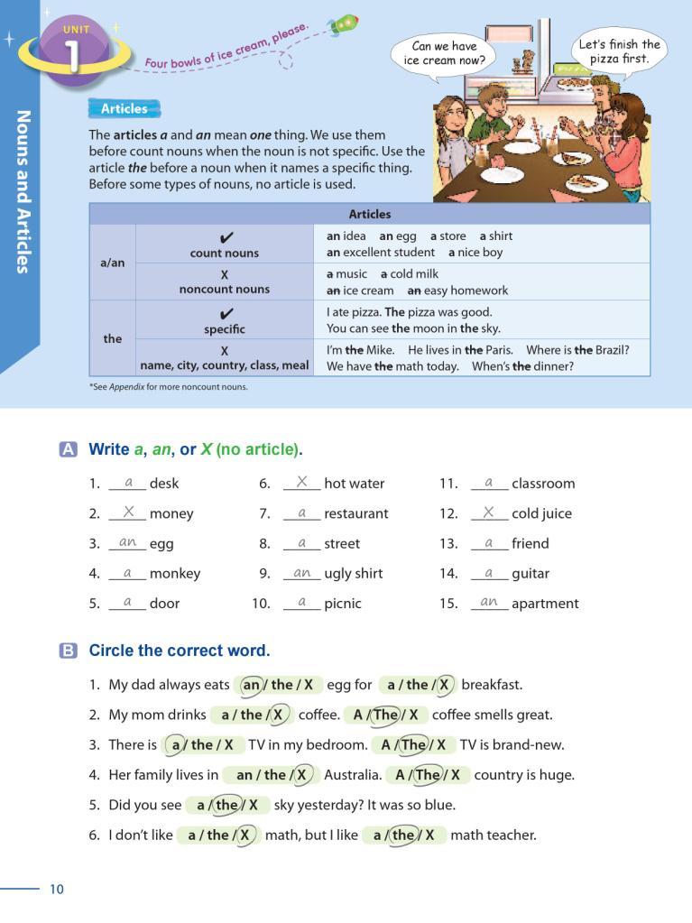 1 Grammar Galaxy Unit 1 Nouns and Articles Objectives: 1. Articles 2. Quantifiers Warm Up Greet your students. Create a large list of words, including nouns, verbs, and adjectives.