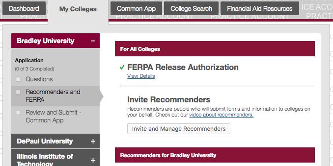 colleges Select Recommenders and FERPA on the left & complete the FERPA.