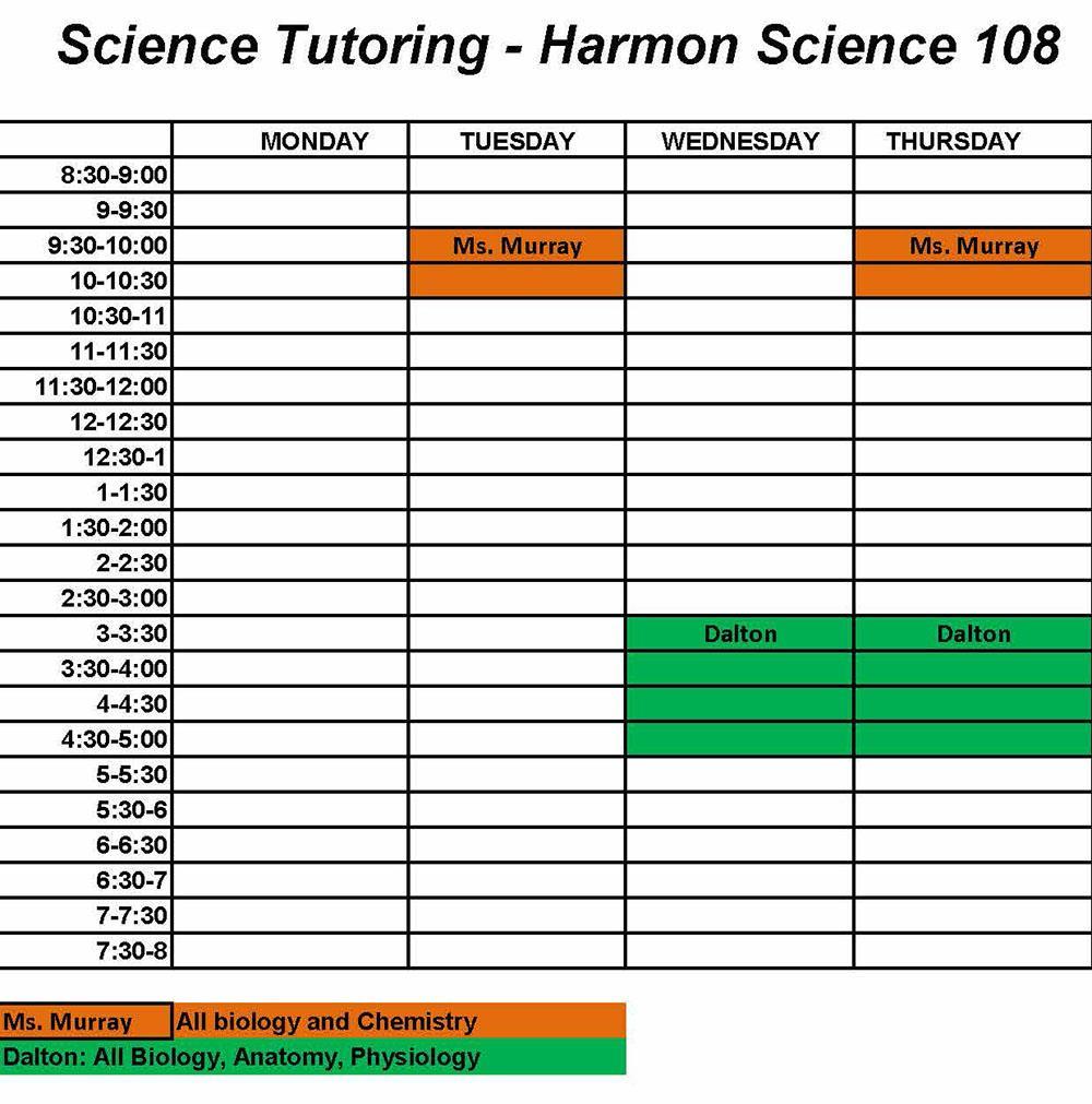 Science Tutoring schedule