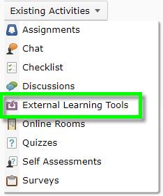 5. Click Existing Activities -> External Learning Tools.