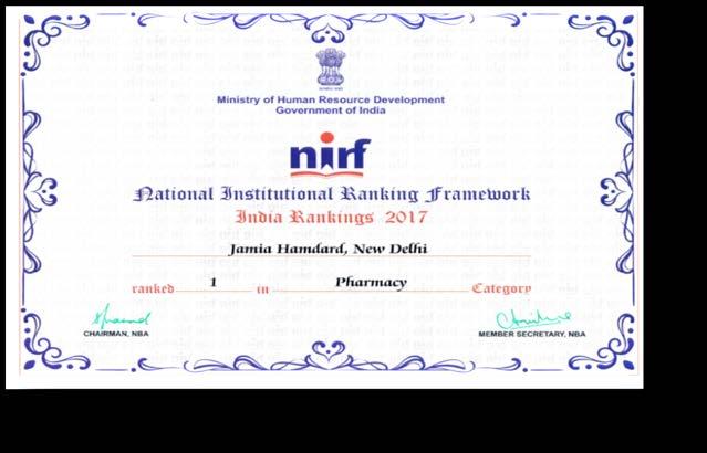 NIRF 2017 ranking of Jamia Hamdard Pharmacy -1 (among 316 institutions) University 26 (among 724