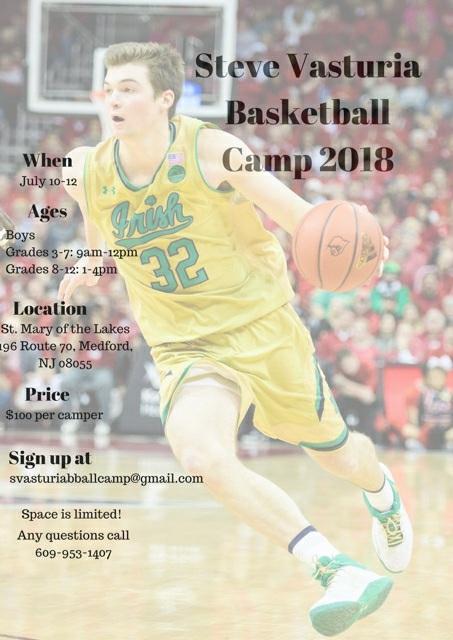Price: $100.00 per camper Signup at svasturiabballcamp@gmail.com Space is limited! Any questions call 609.