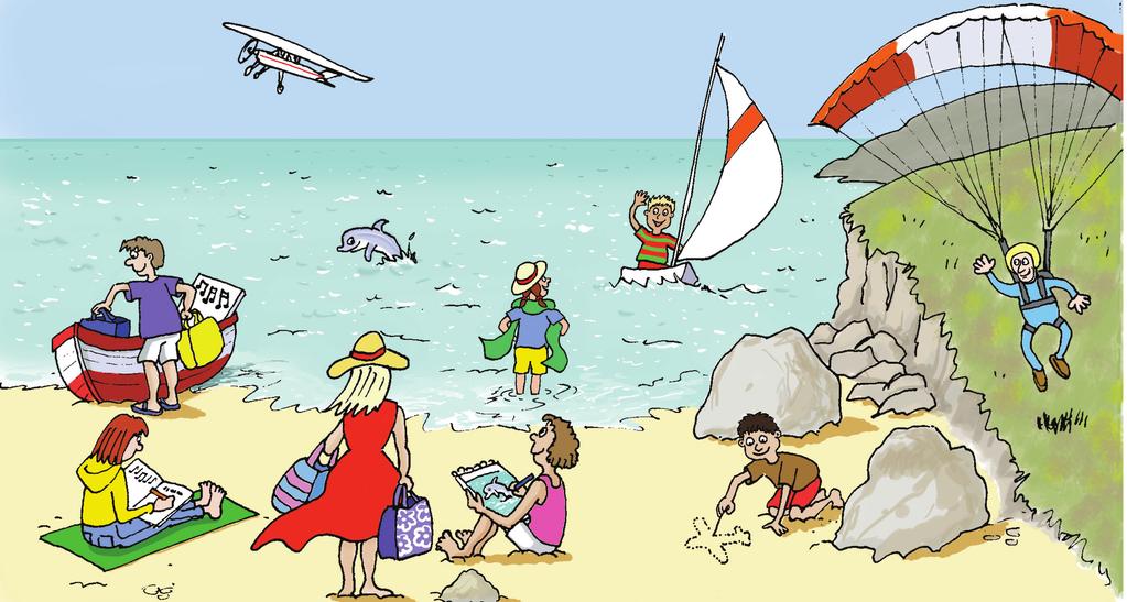 17 Our hobbies Look at the picture and write wrong sentences! Write a wrong sentence about the plane. Example The red and white plane is flying above the sand.