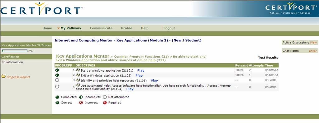 Student s IC 3 Module Menu Page Module Menu Page The IC 3 Module You are Using This is the Objective level within Key Applications. It contains 4 available Skillsets.