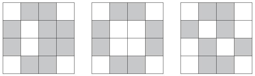 21. The diagrams show patterns made from grey tiles and white tiles. A B C One of the patterns has exactly 1 line of symmetry. (a) Write down the letter of this pattern.