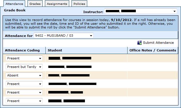 Attendance Attendance posted through Gradebook, must be done during the same day. If attendance needs to be corrected, either for the current day or a past day, it must be handled by the office.