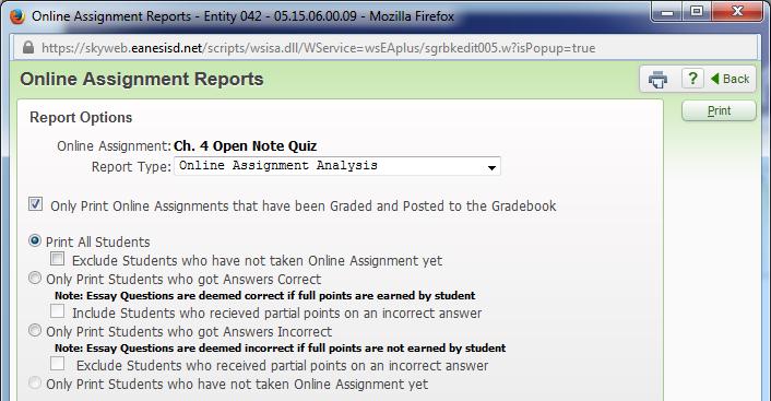Online assignment analysis is a great way to evaluate the assignment at a glance and see what learning targets or objectives were missed the most.