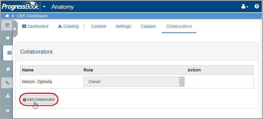Courses The Collaborators screen displays with your name next to a drop-down list with Owner