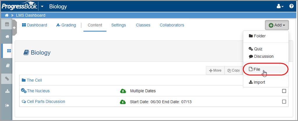 Courses Uploading Student Resources to a Course 1. On the Dashboard, on the course for which you want to add a resource, click Content. The Content screen displays. 2.
