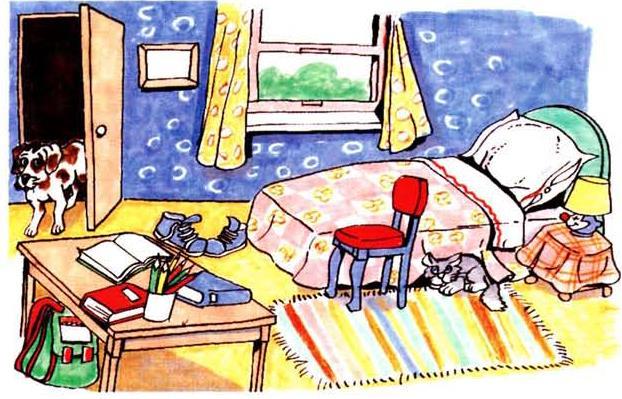Text 2: Look at the picture. Read the sentences and tick [ ] Yes or No next to each sentence. 5 marks ( ) Yes 0. The chair is next to the bed. 1. The dog is on the rug. 2. The cat is under the bed. 3.