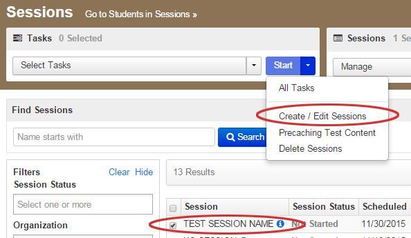 To add additional students after the test session has been created, search for the test session by entering the name under Find Sessions, or select the dropdown