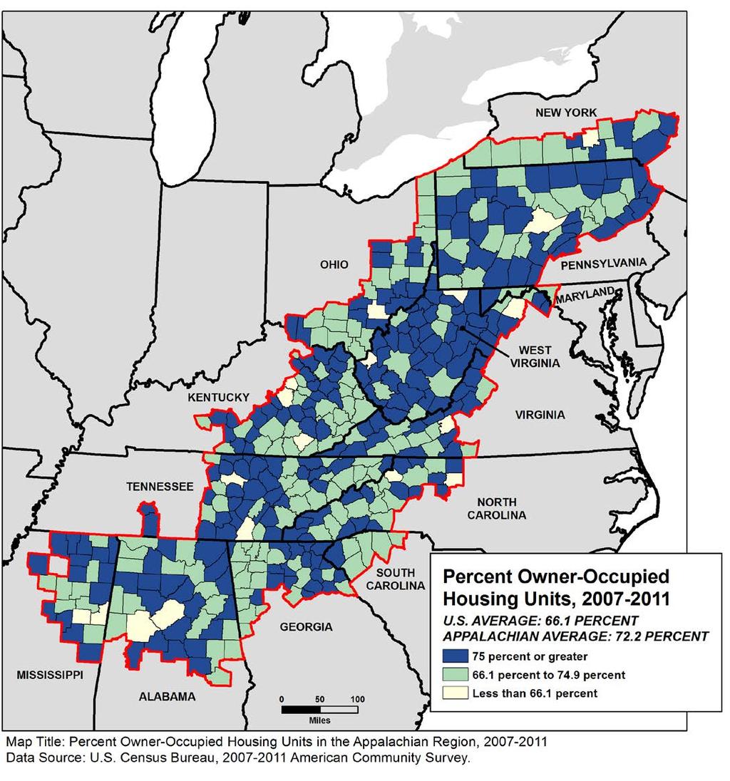 Figure 4.3: Percent Owner-Occupied Housing Units in the Appalachian Region, 2007-2011 In the 2007-2011 period, homeownership was more common in the Appalachian region than in the rest of the country.