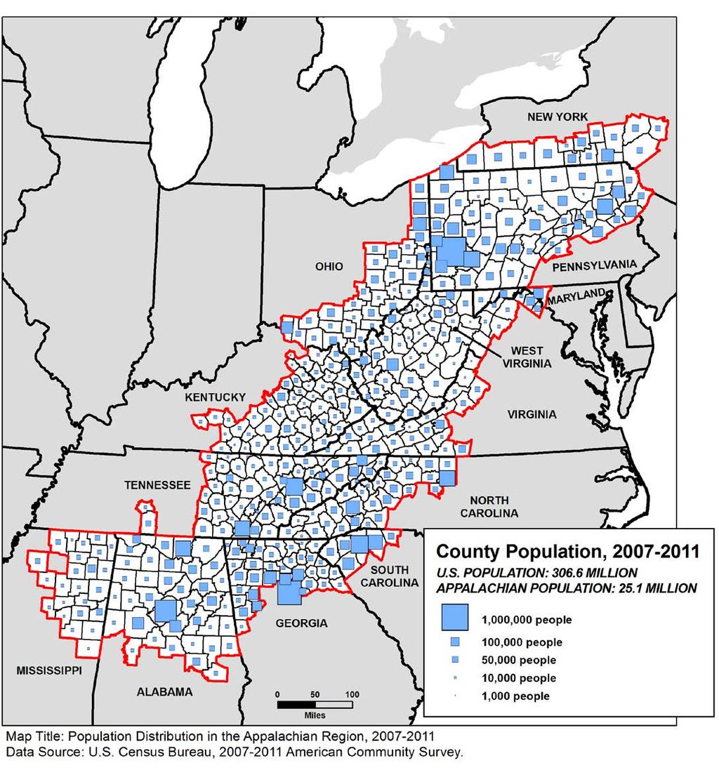 Figure 1.1: Population Distribution in the Appalachian Region, 2007-2011 Of the 306.6 million persons in the United States during the period from 2007-2011, 25.