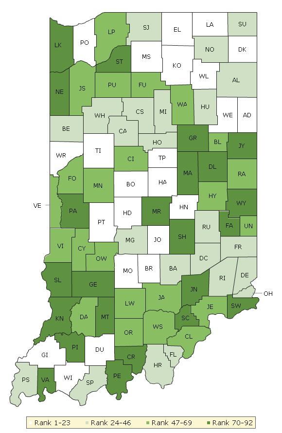 The maps on this page display Indiana s counties divided into groups by health rank.