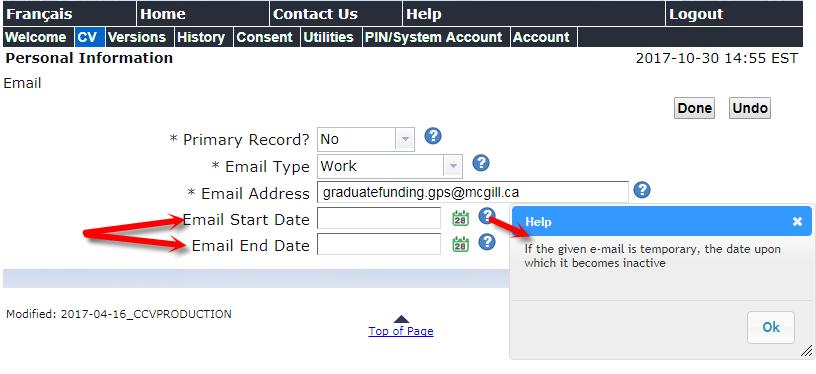 Canadian Common CV (cont d.) Your primary email should not have an end date.