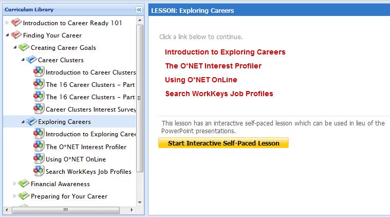 Click on a Lesson title to see the instructional resources for that lesson. In the graphic below, Exploring Careers is selected.