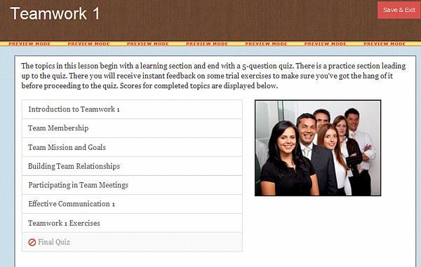 In the example shown below, the Working in Teams subject and Teamwork 1 lesson are selected in the Curriculum Library. The lesson topics for Teamwork 1 are listed in the frame on the right.