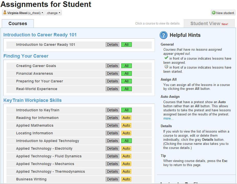 The Assignments Page and Assignments for Class menu will appear. All five Career Ready 101 units and courses are conveniently displayed on one page.