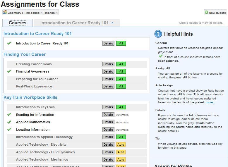 Now you know how to use the Assignments page to assign lessons to a class.