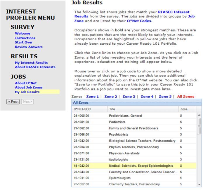 The list of job matches includes the O*NET- SOC code for each job. Placing the mouse cursor over a job title opens a popup that gives a short description of the occupation.