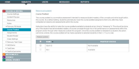 Releasing the Course Posttest Clicking the Course Posttest link for a particular class will allow you to release the course posttest to students within that class.